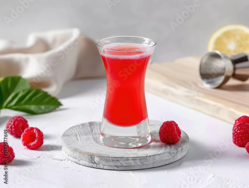 Ruby red shot glass, vibrant drink, raspberries, lemon