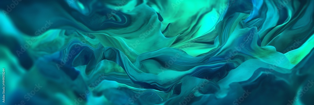 Obraz premium Abstract organic liquid wallpaper with a paradise gradient in palm green & ocean blue. Tropical liquid waves in minimalist depth, ultra-realistic 8K detail. Perfect for modern designs