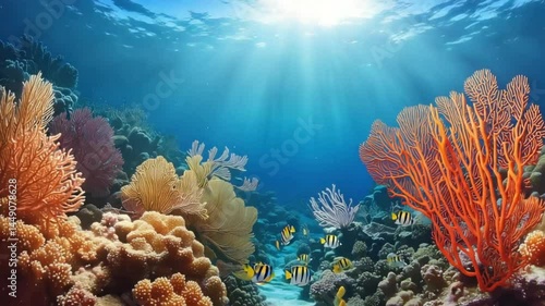 Fish swim in coral reef. Ideal for marine biology sites, tropical travel, underwater visuals. Vibrant sea life.