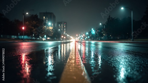 Urban luminescence: A mesmerizing night scene of a rain-slicked street