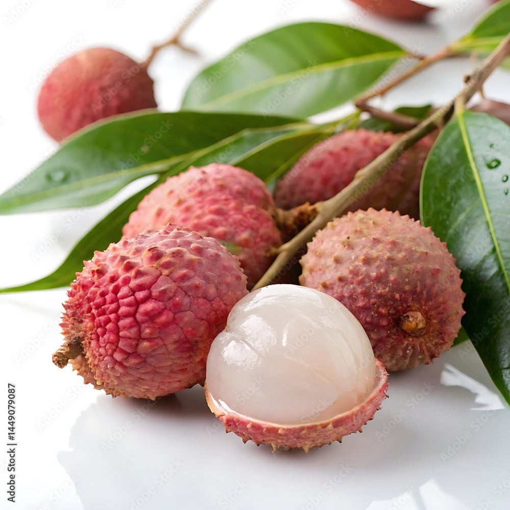close up shot fresh lychee with leaves white background close up shot fresh lychee with leaves white background