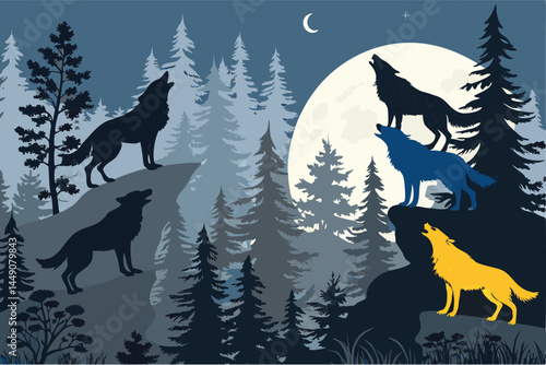 Create a seamless vector pattern featuring multiple howling werewolf silhouettes, ideal for dark fantasy or Halloween designs.  High-resolution, detailed silhouettes are required.