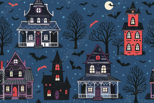 Design a seamless vector pattern featuring spooky, detailed haunted houses in various styles, ideal for Halloween or gothic-themed projects.