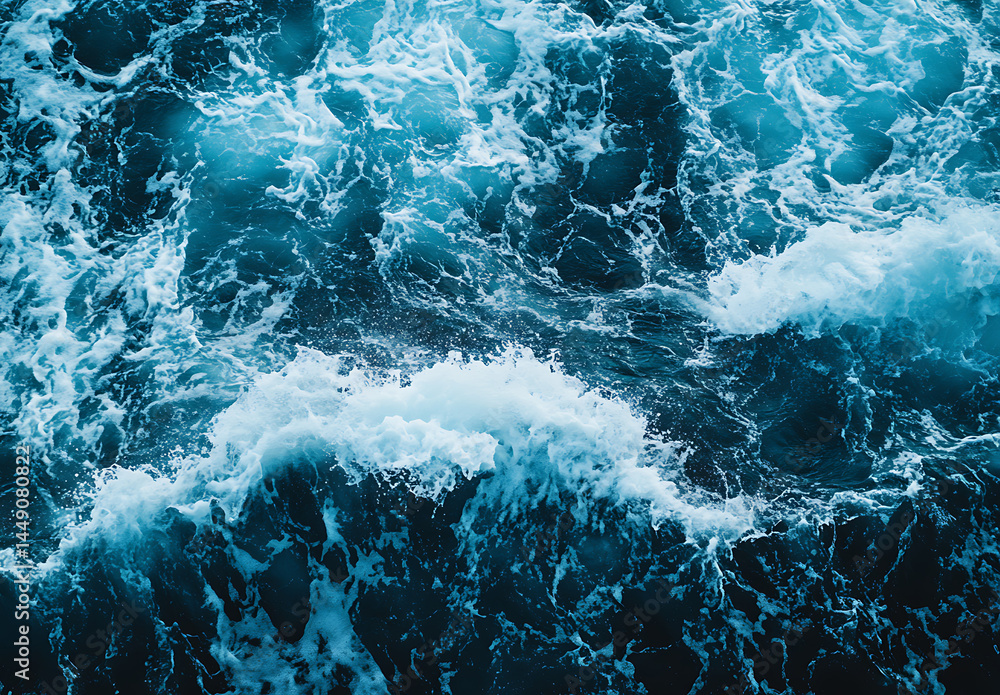 Fototapeta premium Blue water texture, top view, photorealistic, capturing the energy of ocean waves in motion.