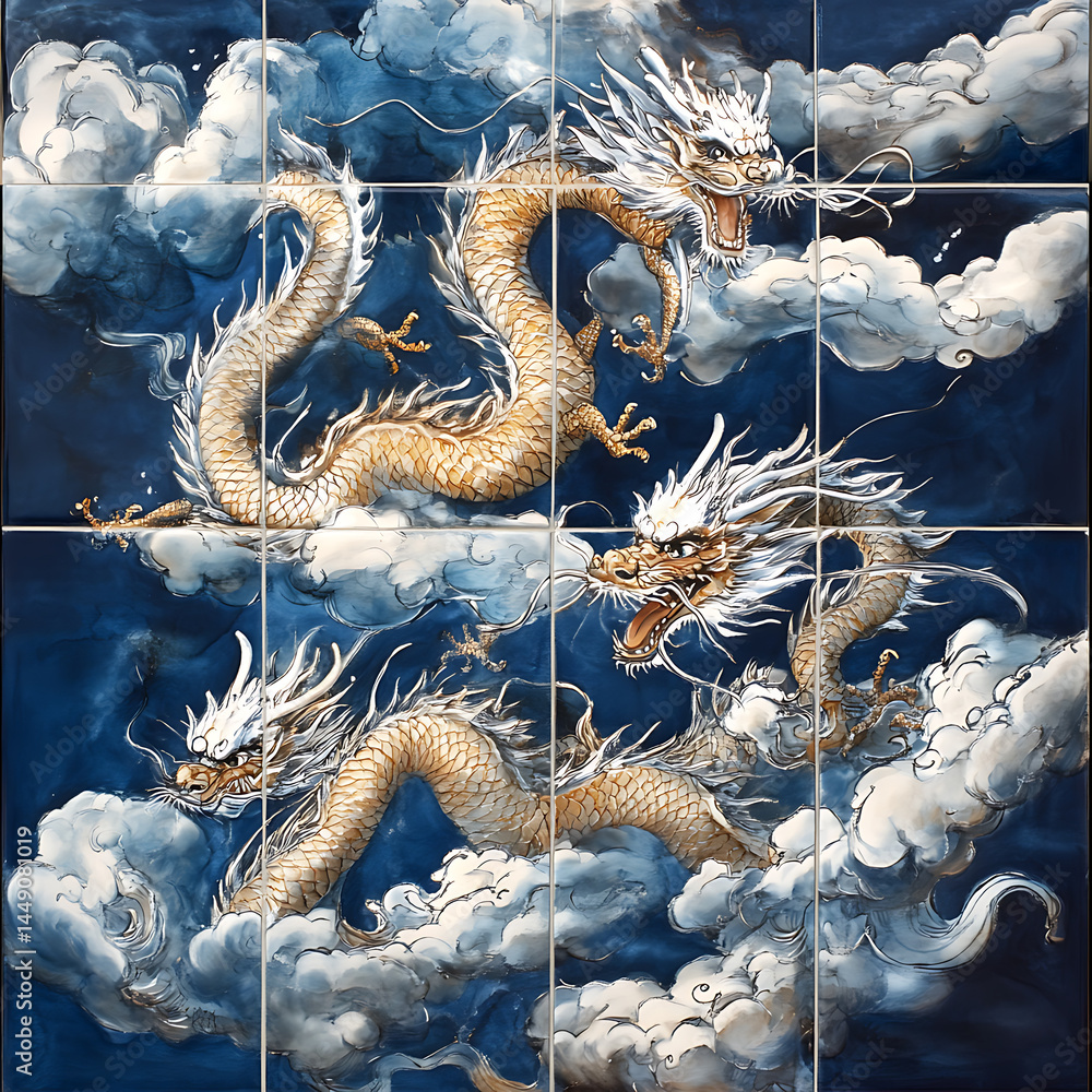 Fototapeta premium Seamless patterns of Chinese and Japanese traditional tile designs with elegant illustrations