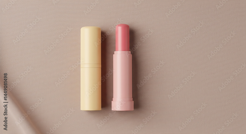 Close up of two lip balms one yellow and one pink on a neutral background with soft lighting Close up of two lip balms one yellow and one pink on a neutral background with soft lighting