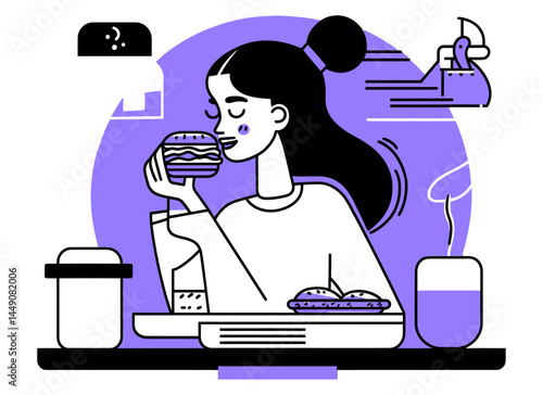 Woman Enjoying Food with Playful Doodle Elements and Colorful Background
