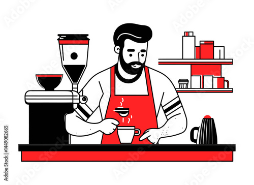 Barista Preparing Coffee with Doodle Style Illustration and Flat Design