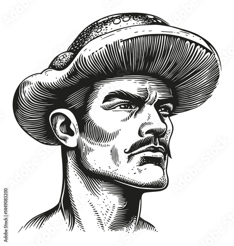 Detailed Engraving of a Confident Man in a Stylish Hat