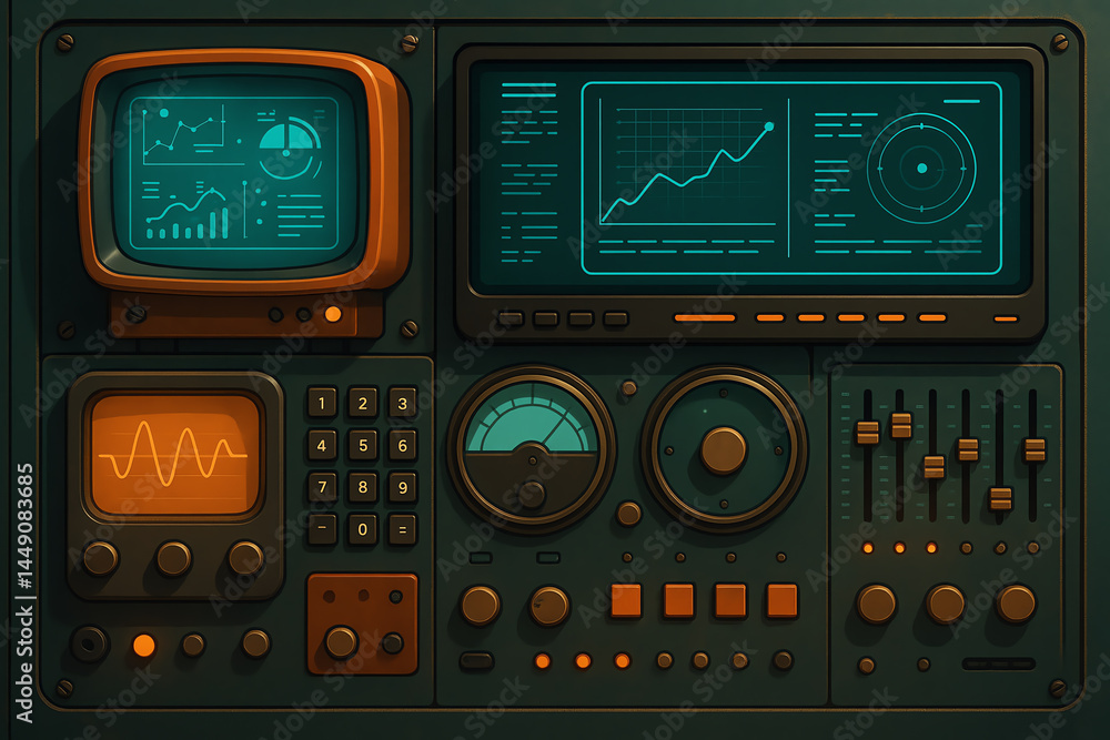 Fototapeta premium A vintage control panel featuring multiple displays and gauges, showcasing graphs and data. An ideal representation of retro technology and data monitoring.