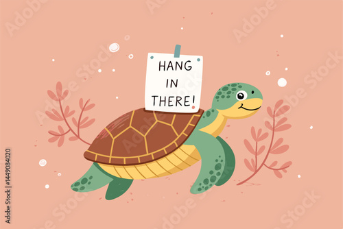 Create a vector illustration of a cute cartoon turtle happily holding a hang glider, ready for flight against a vibrant sky.  Include detailed textures and playful colors.
