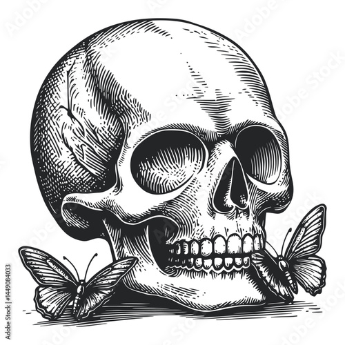 Detailed Hand-Engraved Skull with Butterflies Illustration Art