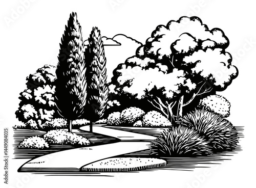 Black and White Engraving of Serene Landscape with Trees and Pathway