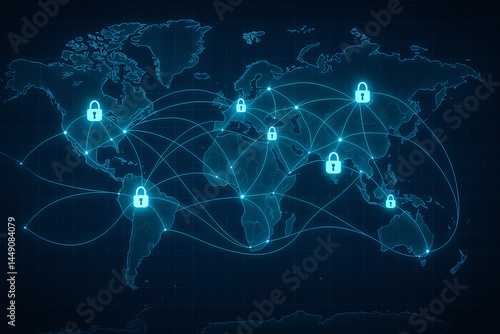 A digital map showcasing global connectivity and cybersecurity, featuring locked connections that emphasize data protection in today's interconnected world.