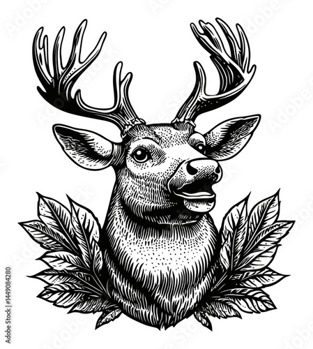 Detailed Black and White Engraving of Deer with Antlers and Leaves