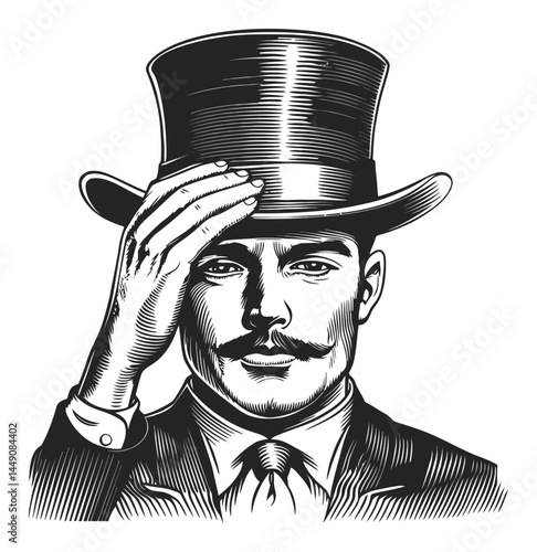 Elegant Gentleman with Top Hat Engraving and Vintage Style Illustration