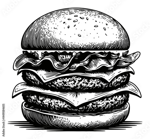 Vintage Engraving of a Delicious Layered Hamburger Illustration