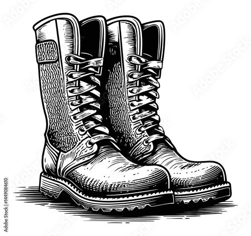 Hand-Drawn Vintage Engraving of Classic Work Boots in Black and White