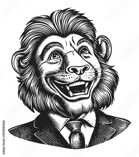 Vintage Lion Portrait with Suit Illustration in Engraving Style