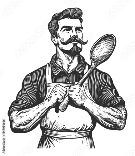 Vintage Engraving of a Confident Chef Holding a Wooden Spoon