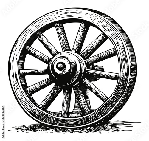 Detailed Engraving of a Traditional Wooden Wagon Wheel Design
