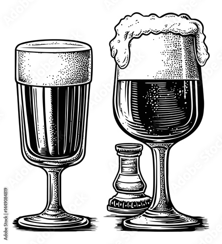 Vintage Engraving of Beer Glasses with Foam and Dark Beer