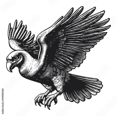 Detailed Black and White Engraving of a Dynamic Flying Bird