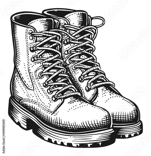 Detailed Black and White Engraving of Classic Hiking Boots