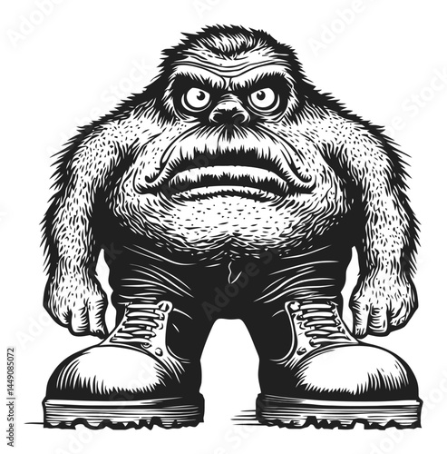 Detailed Black and White Illustration of a Fierce Monster Character