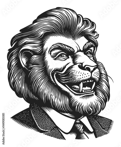 Detailed Engraving of Lion Head with Suit and Charming Expression
