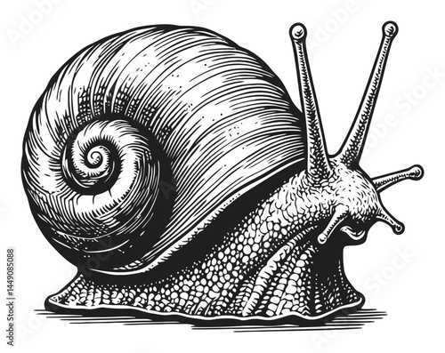 Detailed Black and White Engraving of a Snail in Artistic Style