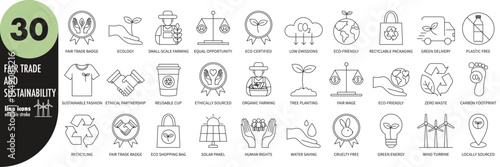 Fair trade and sustainability, editable stroke thin line icons set. Eco-friendly, recycling, zero waste, organic, reusable, ethical, global responsibility, fair wage, cruelty free, vector illustration