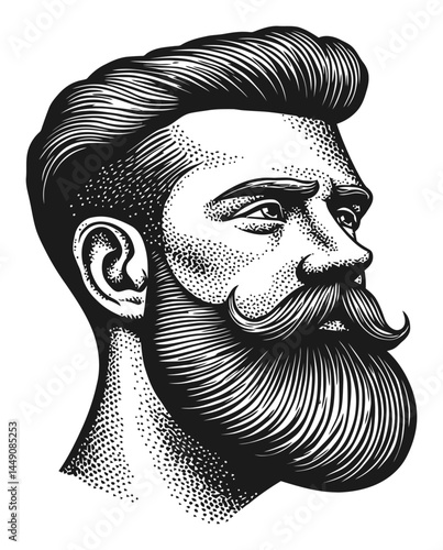 Vintage Engraving of a Bearded Man with Stylish Hair and Mustache