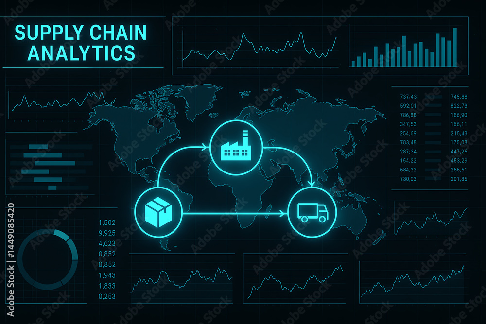 Dynamic visualization of supply chain analytics featuring interconnected elements such as factories, packages, and transport, showcasing data-driven insights for effective operatio