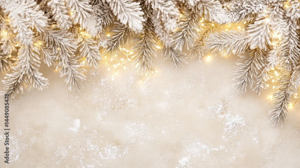 Winter Wonderland Festive Background: Snow-Covered Pine Branches with Glimmering Lights Winter Wonderland Festive Background: Snow-Covered Pine Branches with Glimmering Lights