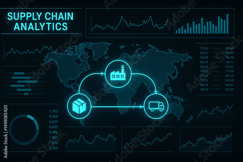 Obraz na płótnie Dynamic visualization of supply chain analytics featuring interconnected elements such as factories, packages, and transport, showcasing data-driven insights for effective operatio w salonie