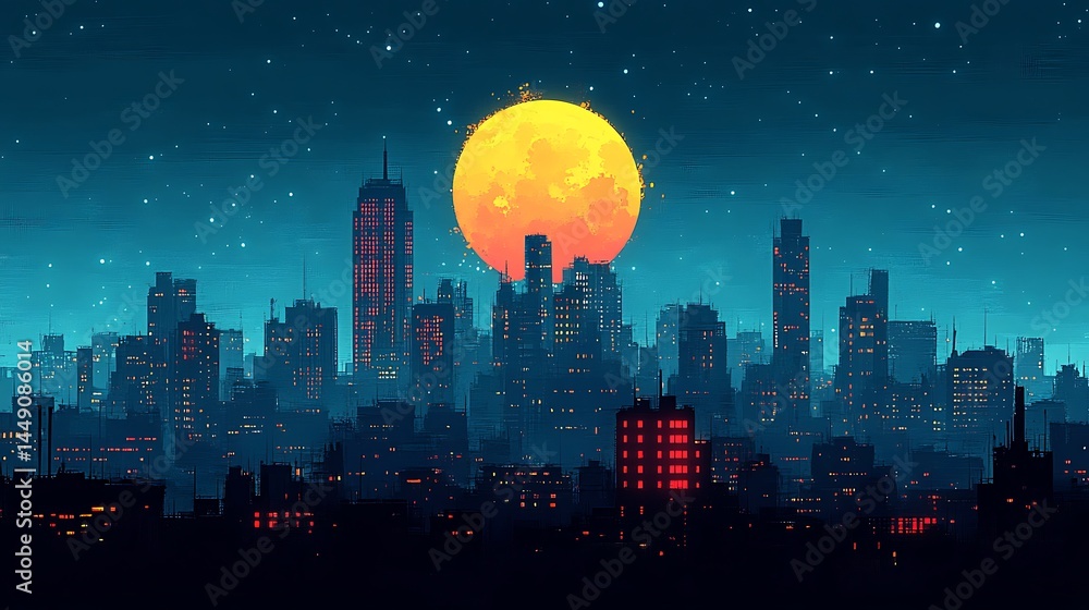 Fototapeta premium Cityscape under a giant yellow moon