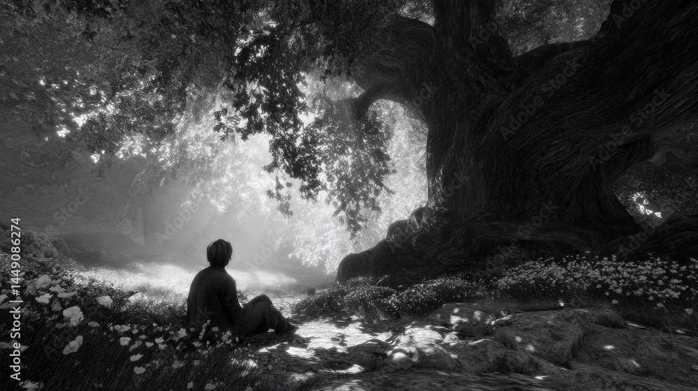 Fototapeta premium A serene black and white scene featuring a young child sitting peacefully on a grassy patch surrounded by flowers, beneath a large, ancient tree. Soft beams of light filter through the leaves, casting