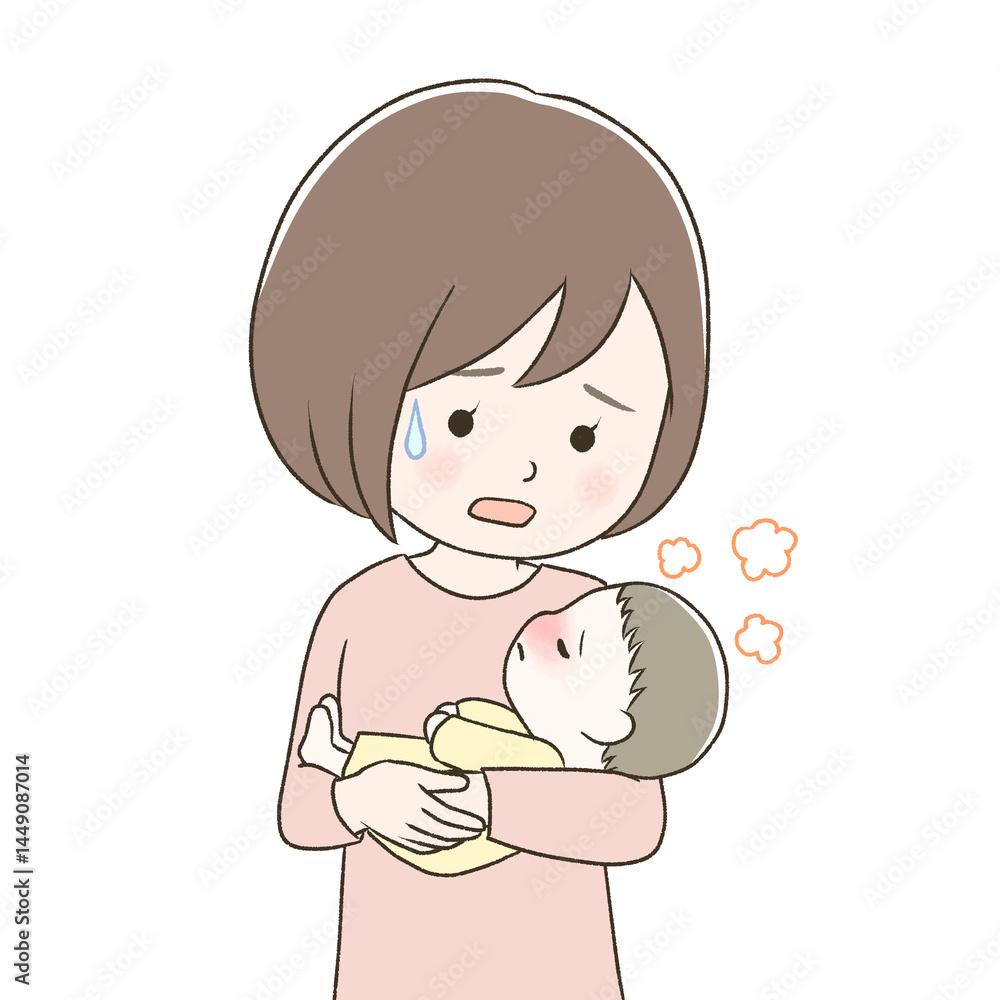 高熱でぐったりする赤ちゃんを抱っこして心配する母親 高熱でぐったりする赤ちゃんを抱っこして心配する母親