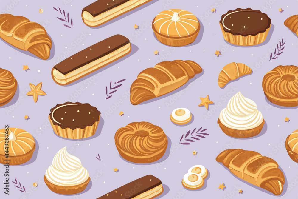 Create a vector seamless pattern featuring iconic French bakery items like croissants, baguettes, macarons, pain au chocolat, and éclairs, in a charming, appetizing style. Create a vector seamless pattern featuring iconic French bakery items like croissants, baguettes, macarons, pain au chocolat, and éclairs, in a charming, appetizing style.