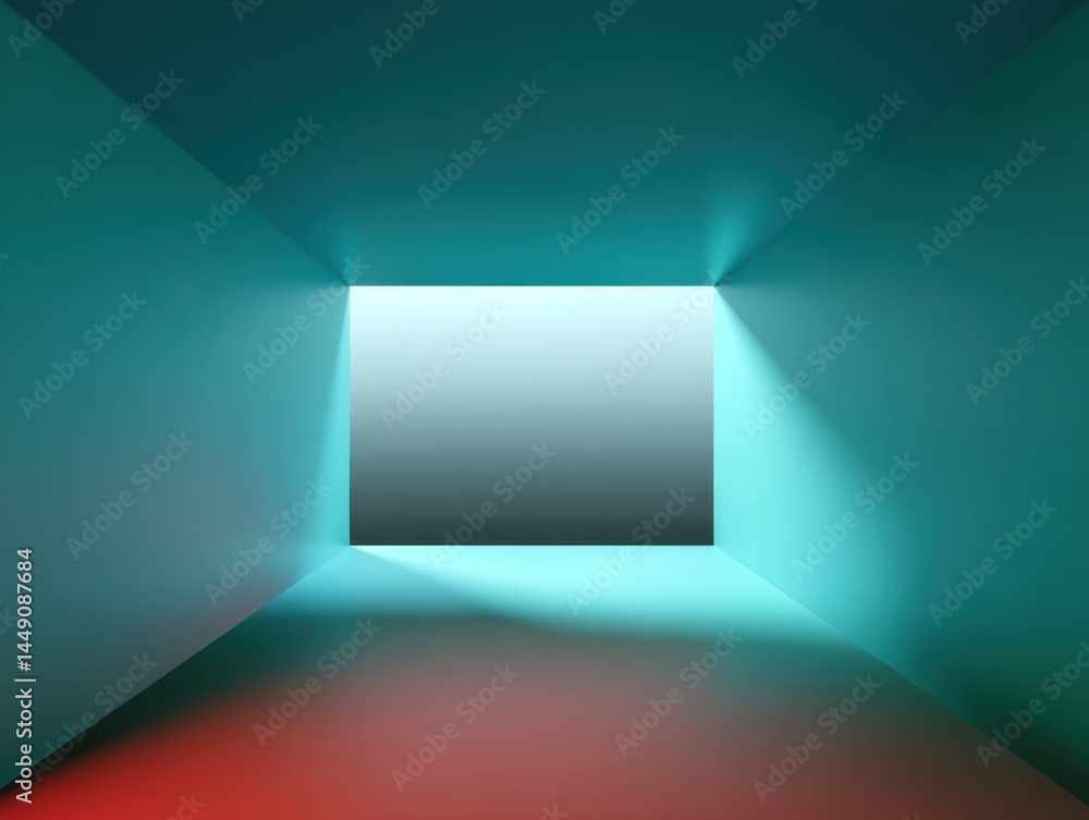 Empty room with teal walls and large rectangular window casting soft light, creating calm and futuristic atmosphere with subtle red reflections on floor Empty room with teal walls and large rectangular window casting soft light, creating calm and futuristic atmosphere with subtle red reflections on floor