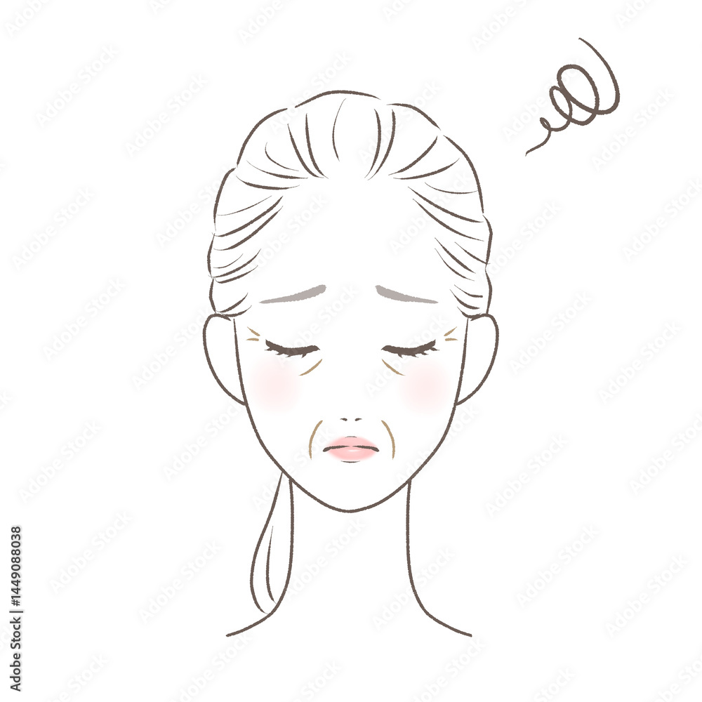 顔のシワに悩むまとめ髪の中年女性 線画 顔のシワに悩むまとめ髪の中年女性 線画