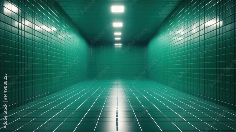 Green tiled empty room with bright ceiling lights reflecting on floor, creating clean and modern atmosphere with sense of depth and space Green tiled empty room with bright ceiling lights reflecting on floor, creating clean and modern atmosphere with sense of depth and space