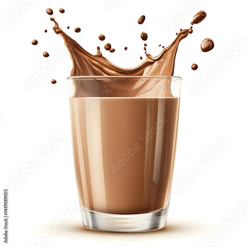 Chocolate milk puddle in glass on white background