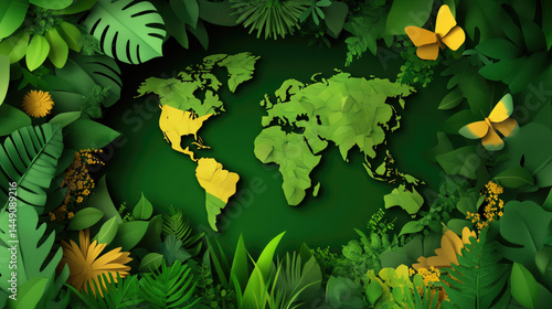 World map framed by lush foliage and tropical plants