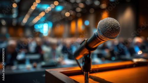 Microphone on podium in conference hall with blurred audience and warm lighting creating engaging atmosphere for public speaking or presentation event