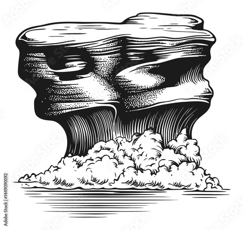 Detailed Engraving of a Unique Rock Formation with Clouds Below