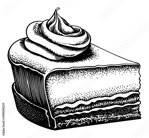Vintage Engraving of Delicious Slice of Creamy Cake with Icing