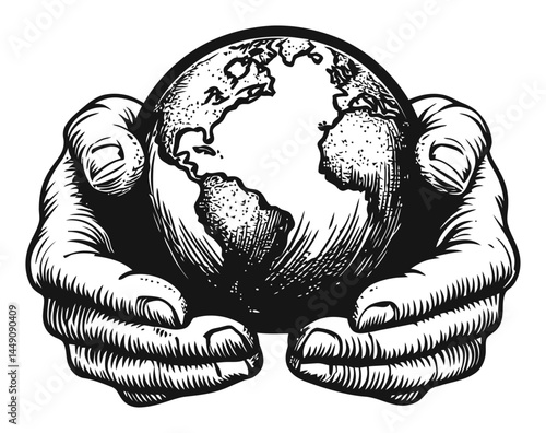 Hands Holding Earth Illustration in Vintage Engraving Style