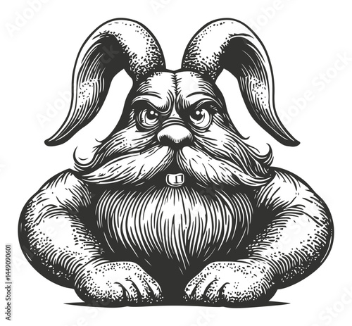 Intricate Engraving of a Strong Bunny with Long Ears and Beard
